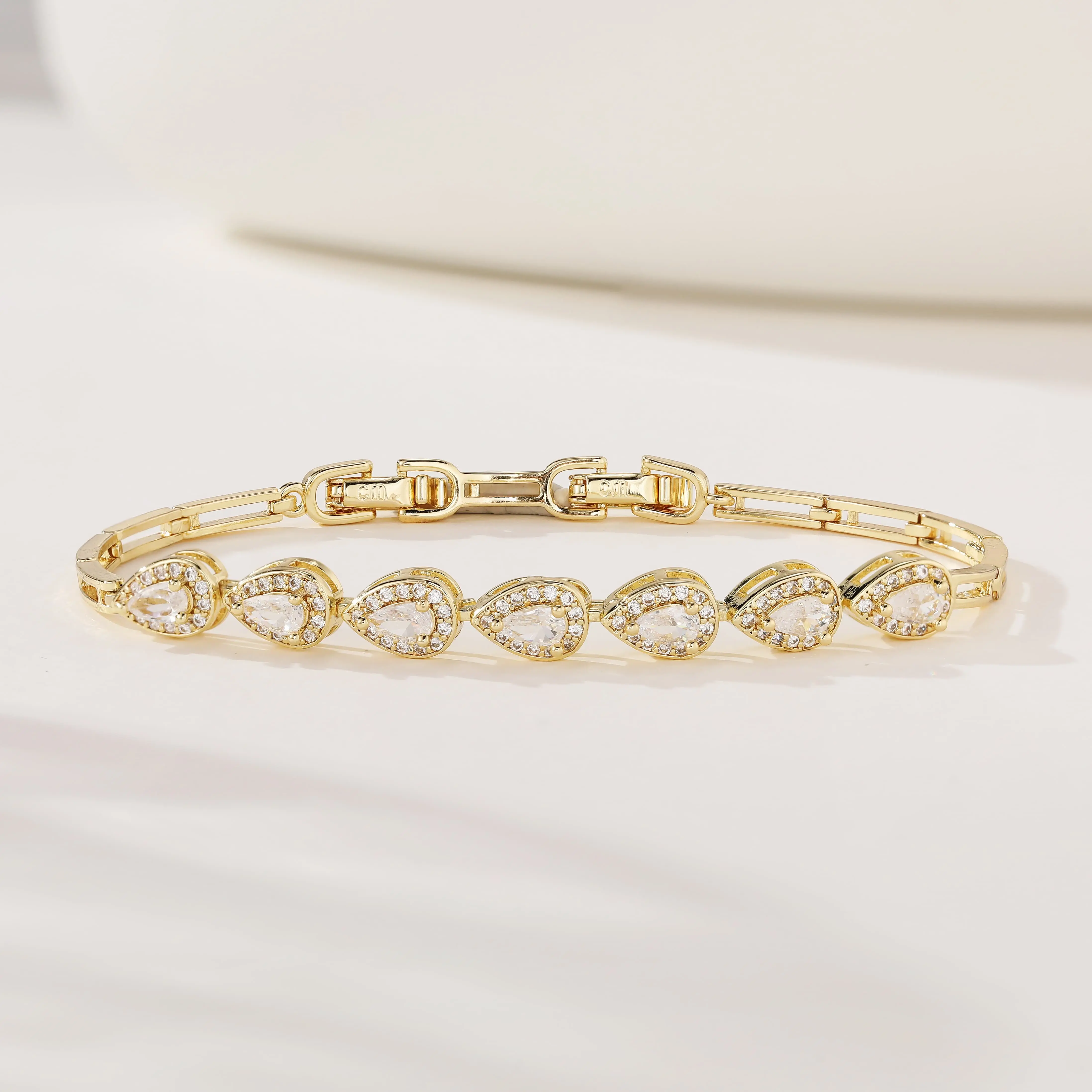 14K Gold Plated Teardrop Cubic Zirconia Tennis Bracelet, Pear Shape CZ Halo Link Bracelet, Bridal Wedding Bracelet Dainty Crystal Jewelry Birthday Anniversary Gift for Women