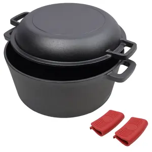 2-in-1 Pre-Seasoned Cast Iron Dutch Oven & Skillet | 5QT Camping Pot for Fireplace, BBQ | Includes 2 Silicone Handle Covers