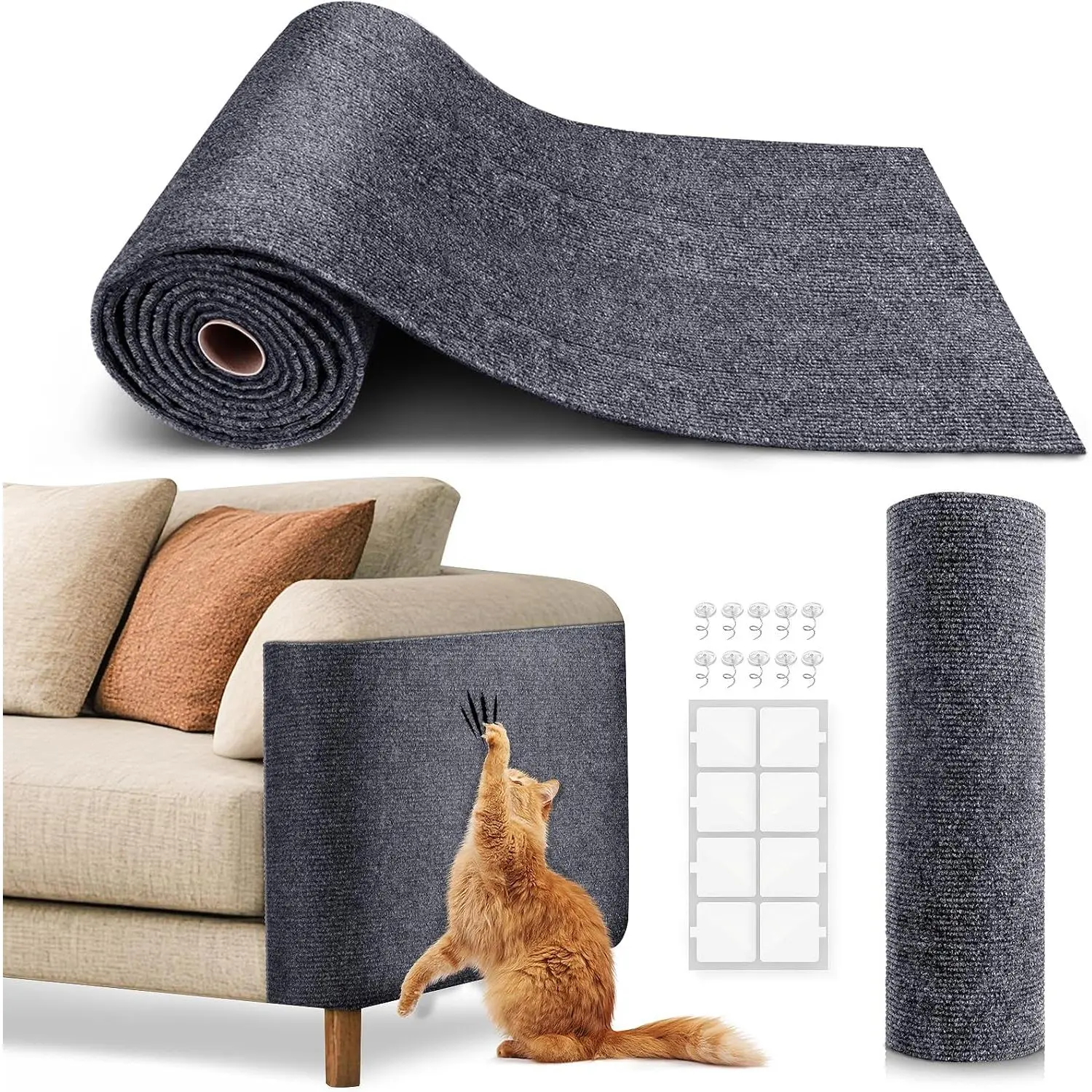 Cat Scratch Furniture Protector, Trimmable Self-Adhesive Carpet, DIY Climb Cat Scratcher Mat for Covering Cat Tower and Couch Protector from Cat Claws (78.7x15.8in Dark Gray)