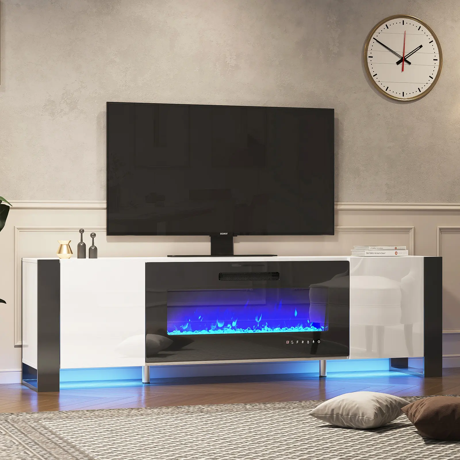VanAcc U-Shaped Legs 70" Fireplace TV Stand, Mirrored Finish Media Console with 36" Electric Fireplace, Storage Entertainment Center for TVs Up to 80"