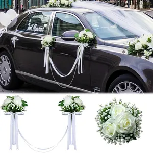 Zeyune Wedding Car Ribbon Garland with Pearl Bridal Car Door Decoration Artificial Door Handle Flowers Bowknot for Automotive Mirrors Handles Bouquet Decoration(White)