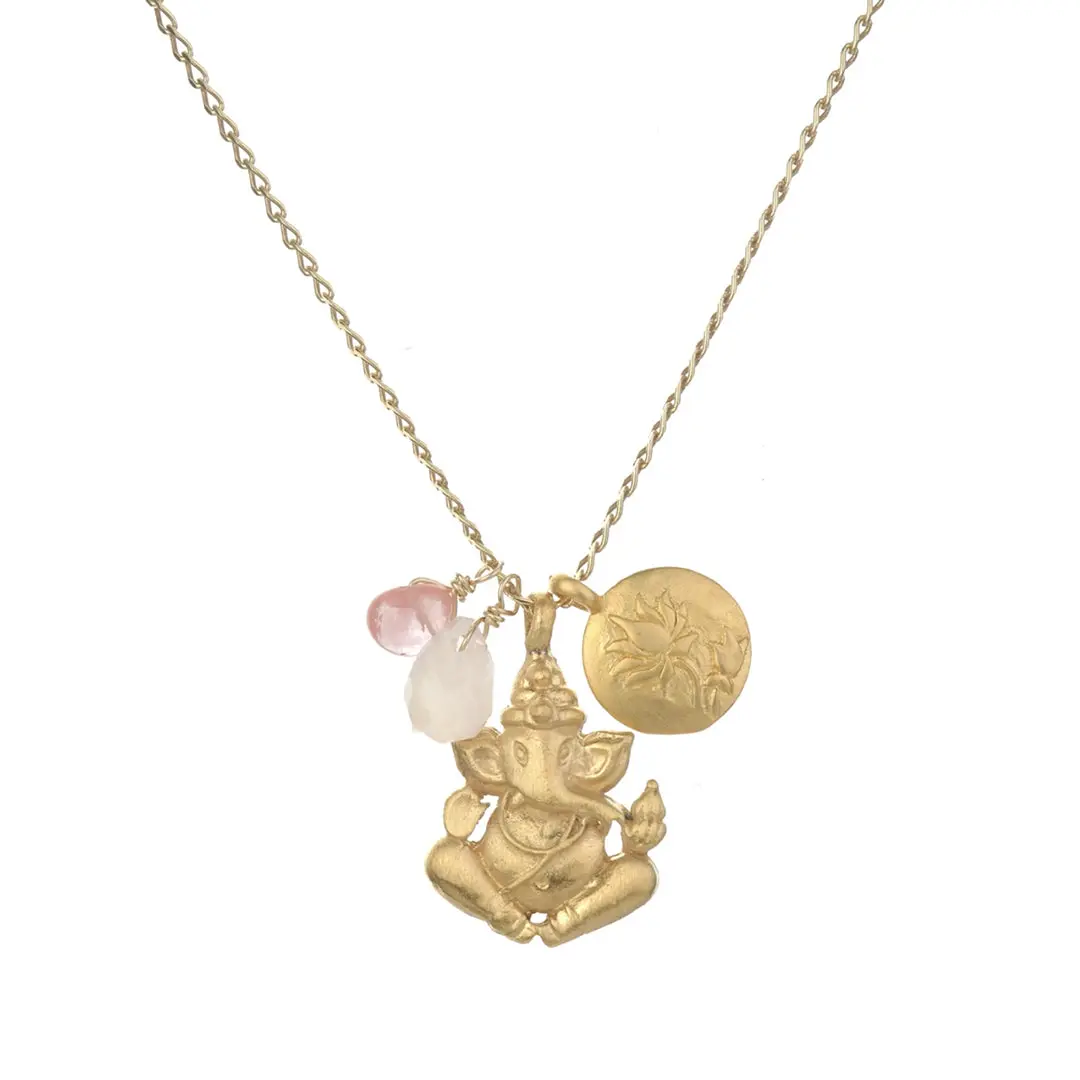 18kt Gold Plated Ganesha Pendant Jewelry Necklace - Rose & Cherry Quartz Beads, 24" Religious Symbolic Piece for Success, Clarity & New Beginnings, Meaningful Gift
