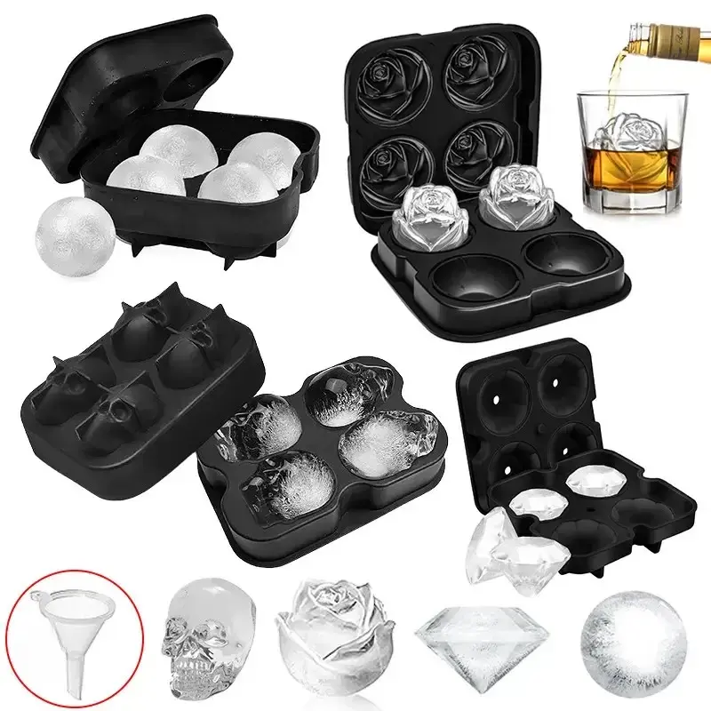 4-Cavity Large Silicone Ice Mold Tray with Rose Diamond Skull Design, Reusable Round Ball Ice Maker for Bar, Party Beverage Making, 4 Cavities