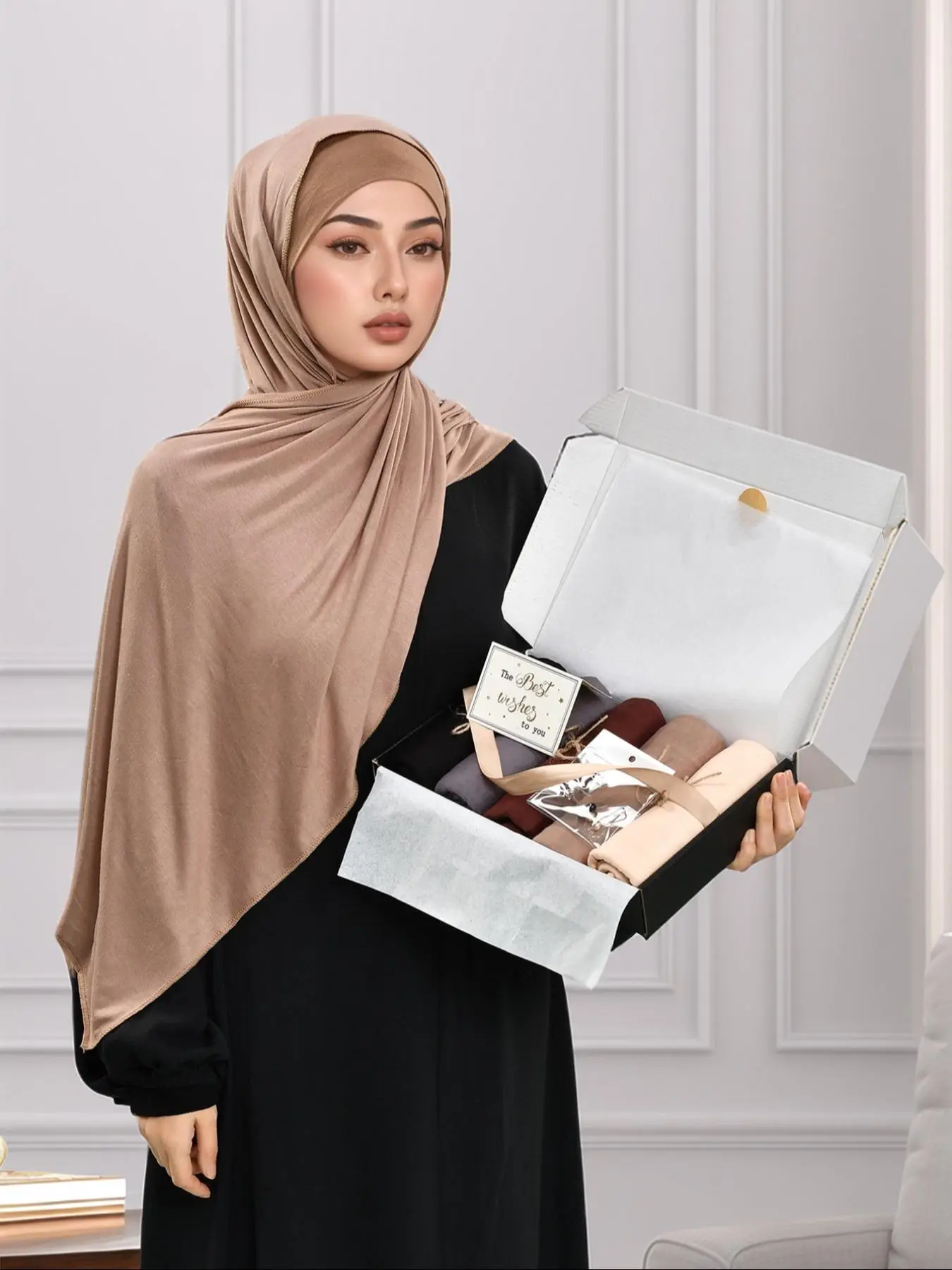 Women's Solid Color Hijab Gift Box, Casual Comfortable Breathable Jersey Hijabs, Muslim Prayer Hijab, Fashion Muslim Clothing Accessories