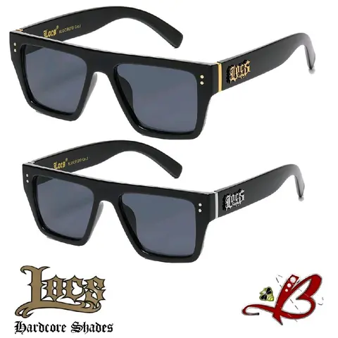 LOCS Duke City Lows Square Hardcore Shades Flat-Top Black Glossy Gold or Silver Accents Two Dot Old English Gothic Logo Retro Modern OG Hip Hop Gangsta Cholo Chola Chic Biker Sunglasses High Quality UV Protection | Genuine Original Authentic Classic Locs
