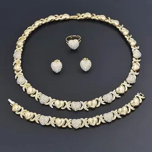 Ladies Jewelry Necklace Set 18K Golden Plated Bridal Bridesmaids Fashion Rhinestones Wedding Jewelry Necklace Earrings Bracelet Ring 4pcs Set Exquisite Jewelry