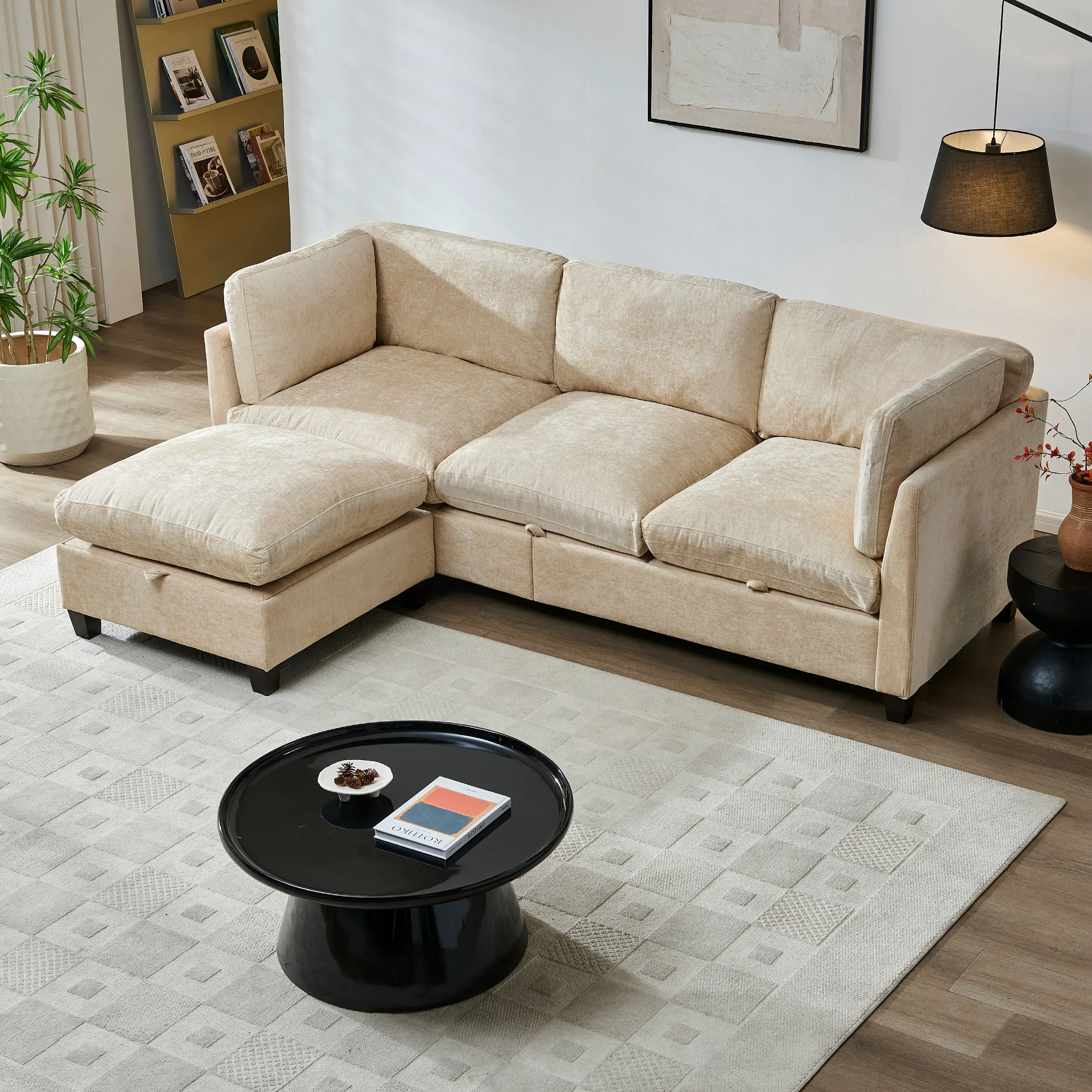 Niccae L-Shaped Modern Sectional Couch with Fixed Arms, 96.5" 3-Seater Upholstered Soft Chenille Sofa with Ottoman & Storage, Solid Frame Indoor Living Room Furniture (Light Coffee, Sub 3 Packages)