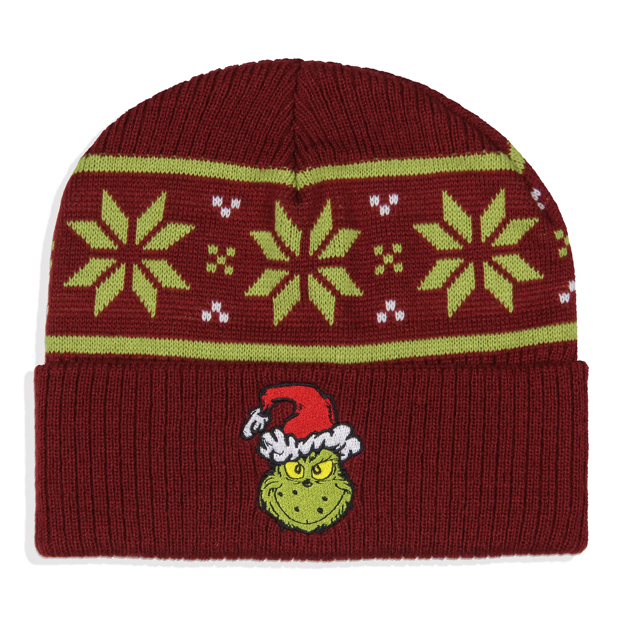 Dr. Seuss' The Grinch Beanie Hat, Unisex Ugly Sweater Pattern Knit Cap with Embroidered Cuff, Soft & Warm Acrylic Holiday Funny Hat