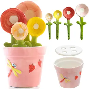 Flower Measuring Spoons Set in Pot Unique Baking Gifts Ceramic Cute Measuring Cups and Spoons with Holder for Dry Wet Ingredients Dishwasher Safe Pink