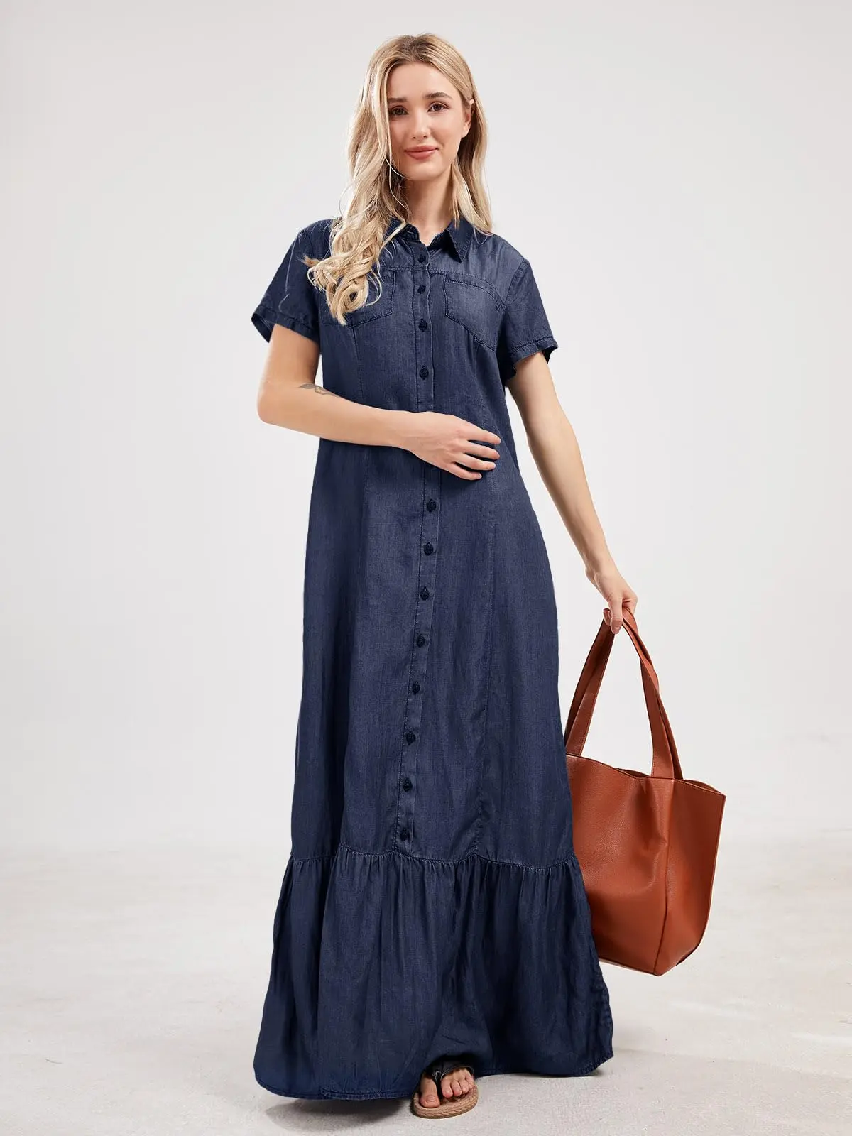 utcoco Womens Short Sleeve Denim Maxi Dress Casual Loose Fit Button Down  Long Jean Dresses tiktokshopspringglowup - TikTok Shop