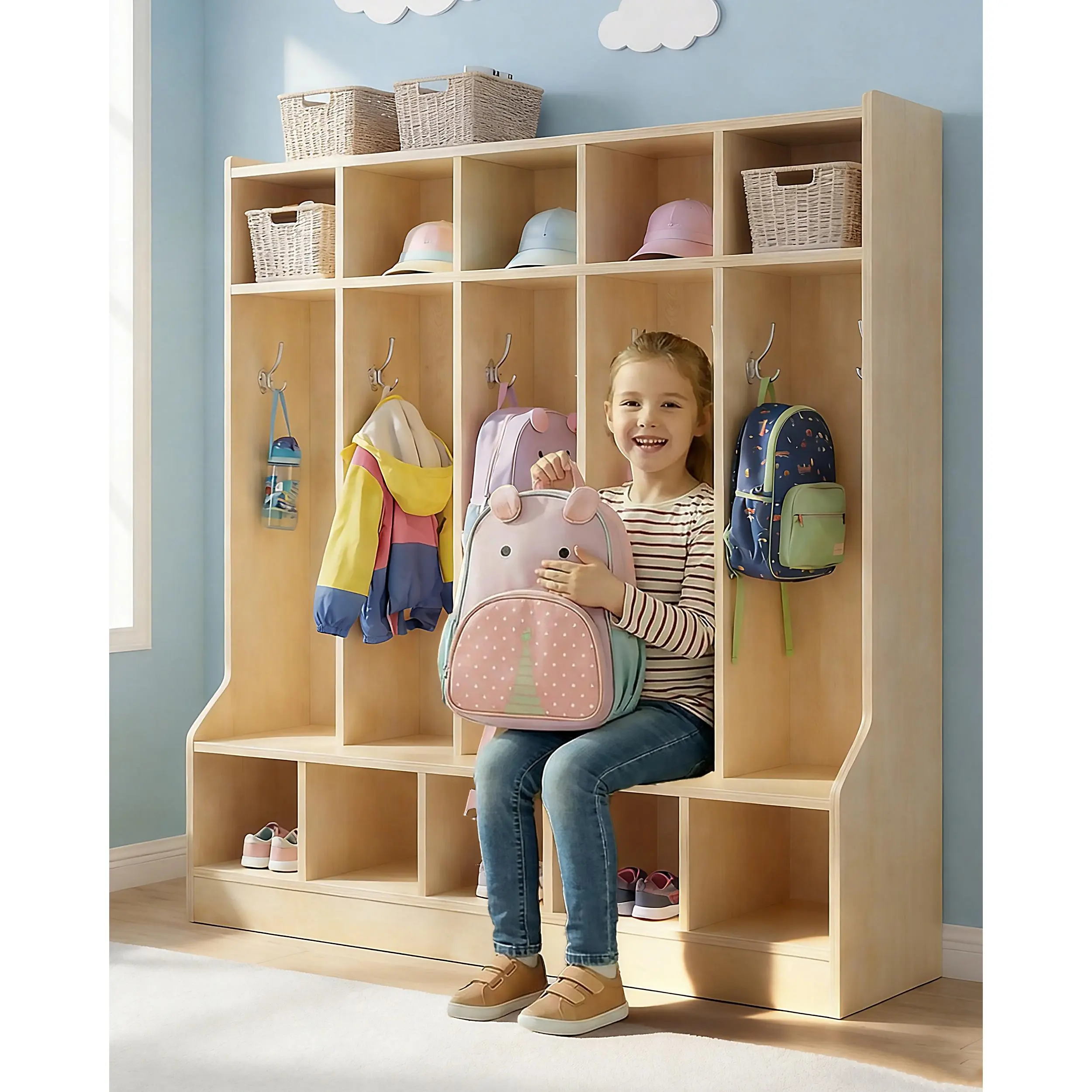 Kid's Coat Locker with Bench, 5-Section Coat Locker with 10 Cubby Storage & Hooks, Classroom Furniture for Organized Storage