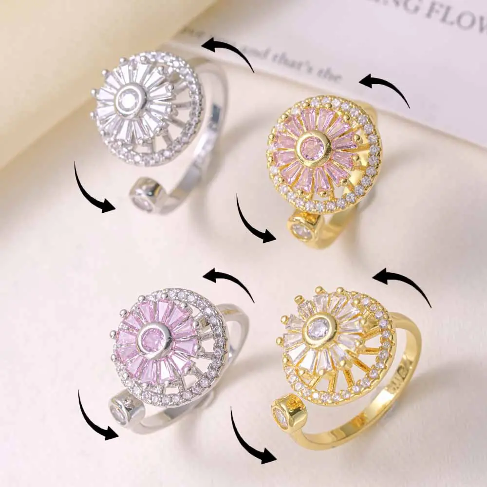 Rotatable Flower Zircon Open Ring for Women, Adjustable Spinner Ring, Luxury Light‑Weight Floral Band Jewelry Gift