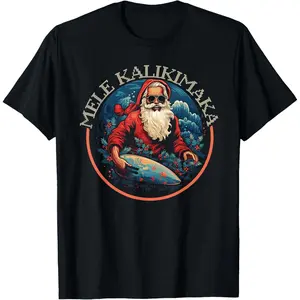 Mele Kalikimaka Santa Claus Tropical Xmas Hawaii Christmas T-Shirt, 100% Cotton, Single Side Printed, Black Short Sleeve T-shirt, 1 pc, Christmas Halloween Thanksgiving Gift