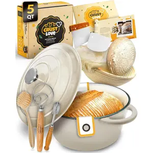 Dutch Oven for Bread Baking - incl. Sourdough Bread-Baking Supplies like Banneton Bread-Proofing Basket - 5QT Enameled Cast Iron Bread-Oven with Lid, Baking Pan, Scoring Tool Lame