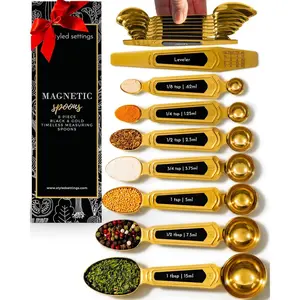 Gold Magnetic Measuring Spoons with Leveler - Featuring 8-Piece Upgraded Style, Dual-Sided, Stackable, Stainless Steel Gold Measuring Spoons Set - Fits in Spice Jars, Luxury Kitchen Accessories