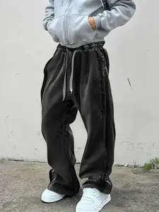 Men's Trendy Streetwear Loose-fit Wide-leg Pants, Elasticated Waist Knitted Track Pants, Casual Comfy Plain Trouser, Made of Traceable Washed Cotton Fabric, Versatile for Daily Wear, Leisure Activities, Fashion Outfits & Street Style