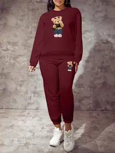 Women's Cartoon Bear Print Sweatshirt Set, Casual Fitted Long Sleeve Top & Jogger Pants, Spring & Fall Fashion