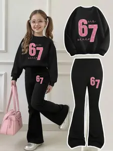 Girls' Sweet Cool Star Letter Number Sweatshirt & Bell Bottoms Set, Casual Fitted, All Seasons, Comfortable Breathable, Fashion Clothes Set, Girl Clothes School