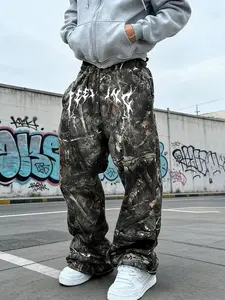 Men's Camo Tree Print Graffiti Letter Baggy Pants, Y2K Streetwear Drawstring Cargo Pants, Hip Hop Skate Fashion Casual Drawstring Waist Loose #Y2KFashion #StreetwearPants #BaggyPants #HipHopStyle #TikTokMadeMeBuyIt