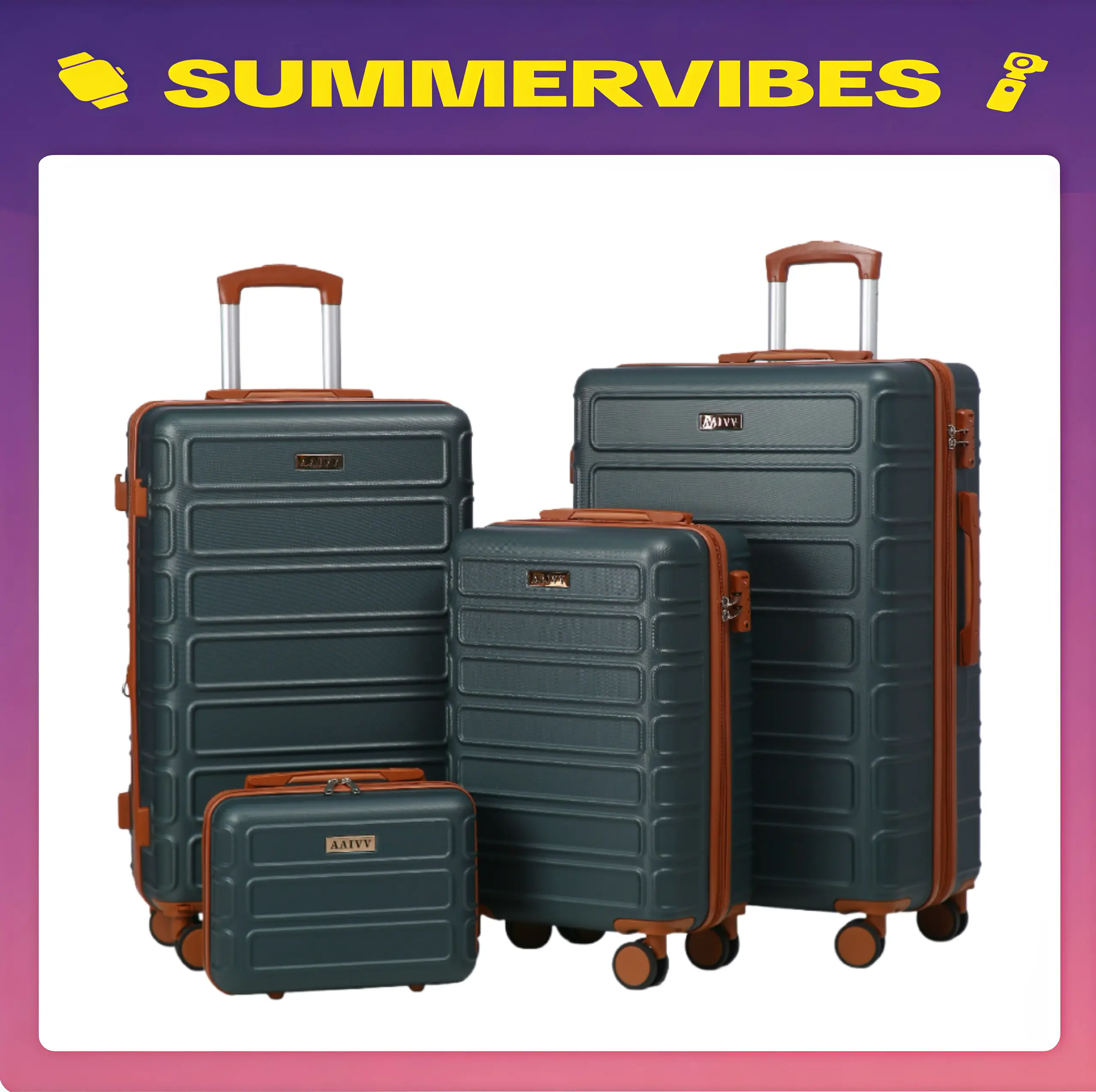 AAIVV 4-Piece Cute Lightweight Expandable Rolling Luggage Set - Sturdy ABS Hardshell, TSA Lock, 360° Spinner Wheels, 13/20/26/28-Inch Sizes (13-Inch Carry-On Included), Father's Day Gift for Summer Travel, Sturdy ABS Luggage