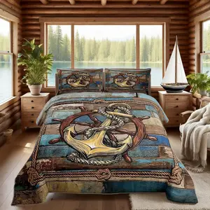 Nautical Anchor Comforter Set,Old Wooden Plank Vintage Bedding Set for Kids Boys Girls Adults,Retro Rudder Boat Decor Down Comforter,Blue Brown Rustic Duvet Insert
