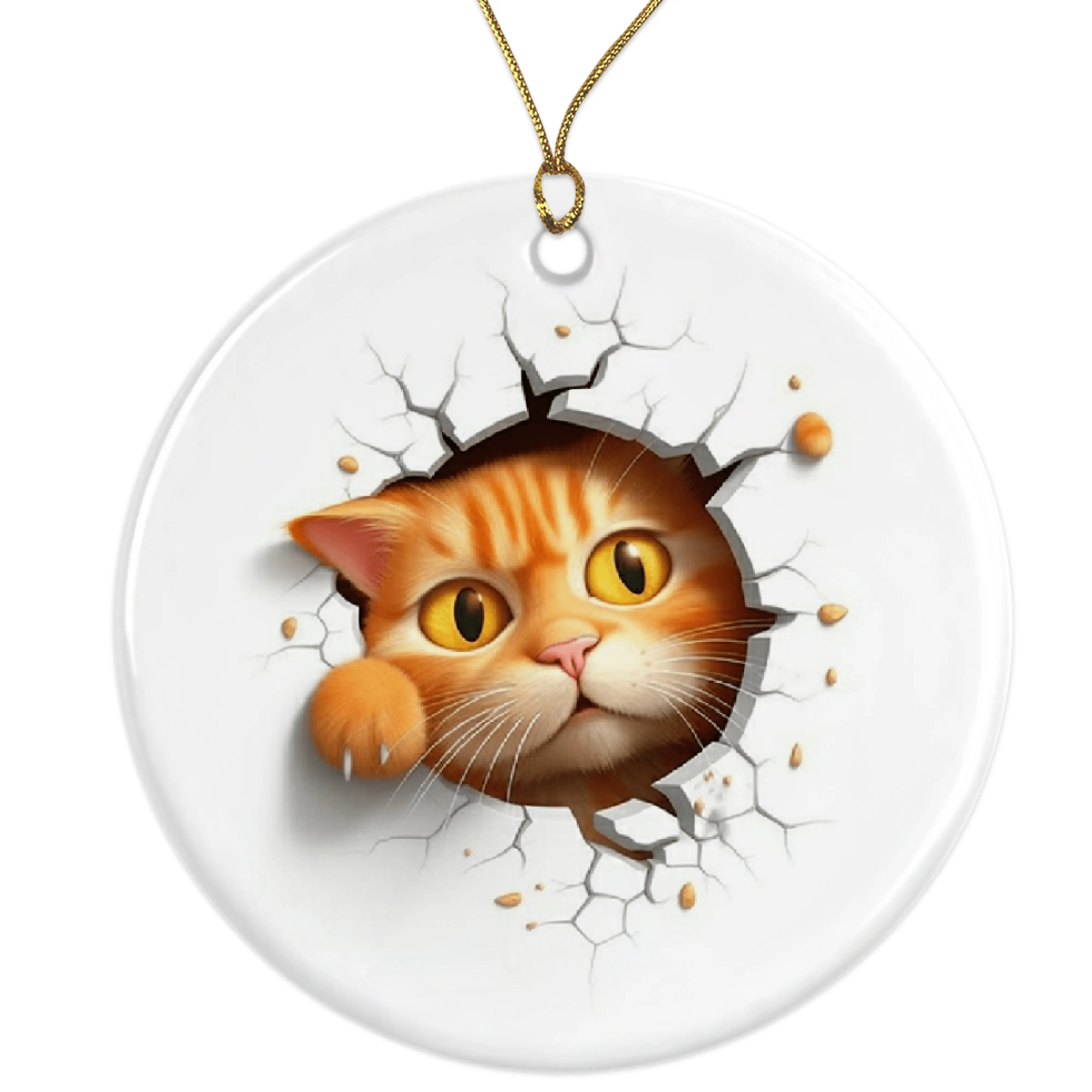 Funny Ginger Tabby Cat Ornament - Cute Kitten Wall Breaking Decoration - Perfect Pet Gift for Cat Lovers Ceramic Ornament - 3 Inch Christmas Tree Round Ornament - Xmas Holiday Decor - String Included - ORNW0198