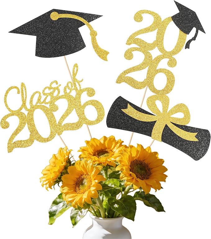 Class of 2026 Graduation Decorations – 16PCS Graduation Centerpiece Sticks, Grad Cap Table Toppers for High School College Graduation Party Table Decor