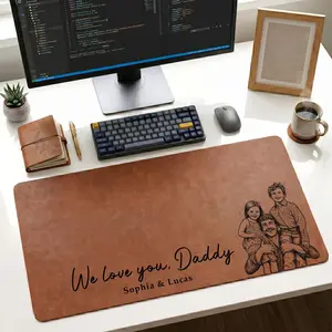 Personalized Dad We Love You Custom Photo Sketch Line Art Desk Mat, Father's Day Gift For Husband, Daddy & Kid Picture Desk Pad Mouse Mat