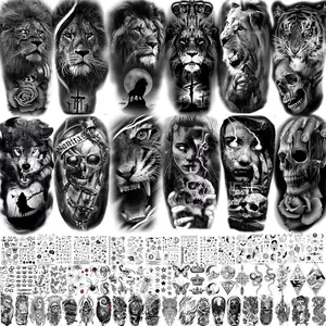 70 Sheets 3D Forearm Black Realistic Wolf Tiger Lion Temporary Tattoos For Men Women Thigh Arm, Scary Skull Gothic Gangster Fake Tattoo Sticker Adults, Large Tribal Half Sleeve Tatoos Halloween