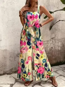 Women's Floral Print Overalls, Boho Casual Fitted Wide Leg Jumpsuit for Beach Holiday Vacation, Ladies Summer Clothes, Womenswear