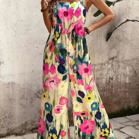 Women's Floral Print Overalls, Boho Casual Wide Leg Jumpsuit Floral Jumpsuits for Beach Holiday Vacation, Ladies Summer Clothes, Womenswear
