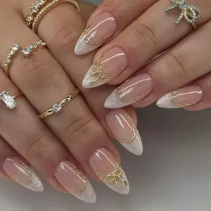 24pcs French Almond Shaped Ombre Nail Stickers, Y2K Style With 3D Gold Butterfly Decor, Shiny Glossy Full Coverage Nail Art, Removable Press Ons Adhesive Design Suitable For Women Girls Daily Christmas Party Gift Peel