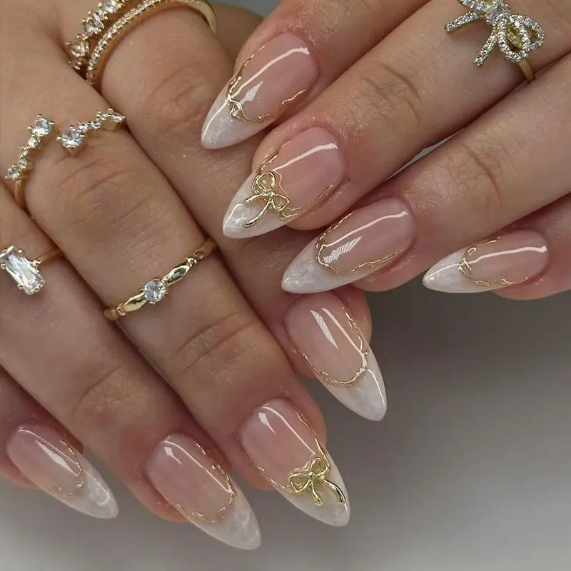 24pcs French Almond Shaped Ombre Nail Stickers, Y2K Style With 3D Gold Butterfly Decor, Shiny Glossy Full Coverage Nail Art, Removable Press Ons Adhesive Design Suitable For Women Girls Daily Christmas Party Gift Peel