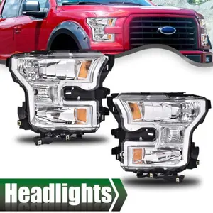 Fit For 2015-2017 Ford F-150 Clear Lens Chrome Housing Headlights Headlamps Pair