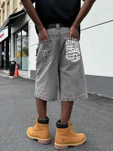 Men's Street Style Denim Shorts Pockets, Loose-Fit Straight Leg, Embroidered Floral Print, Casual Summer Wear, Fashionable Men's Clothing