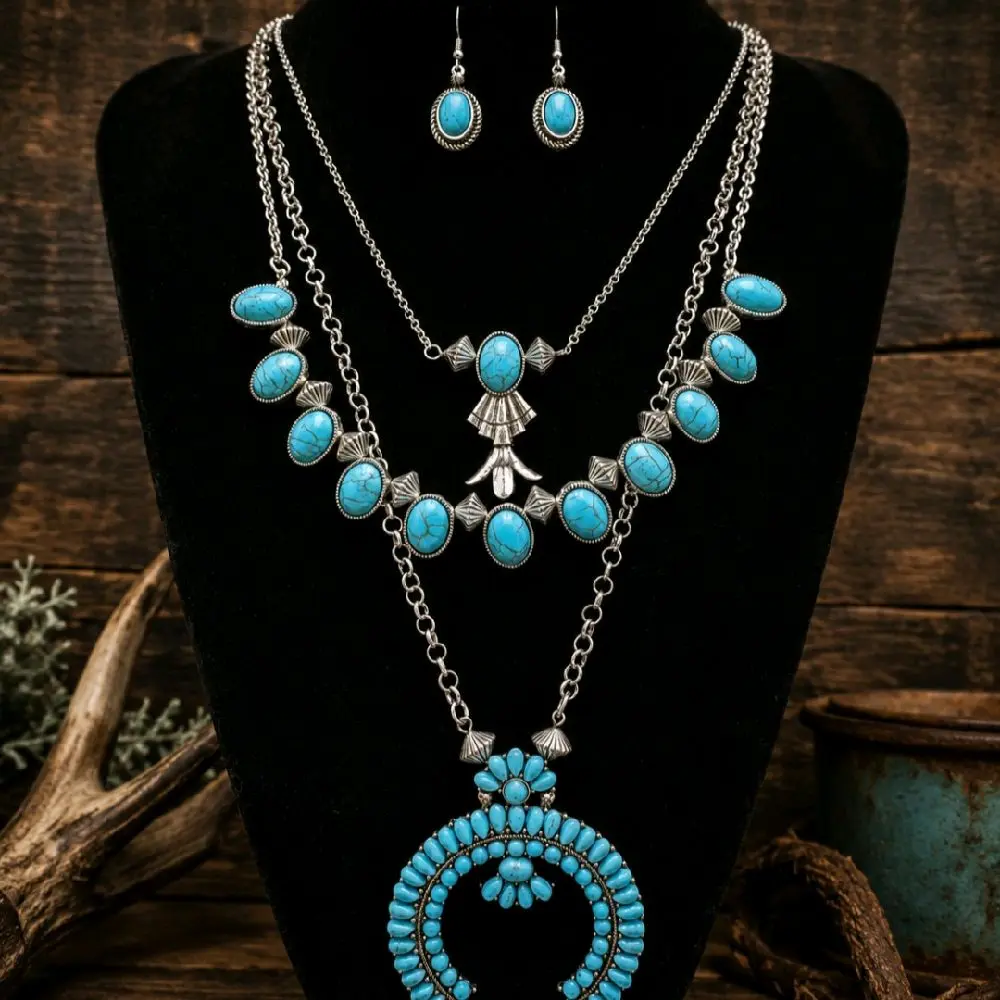 Squash Blossom Turquoise Stone Pendant 4-Piece Jade Necklace, Jewelry Accessory