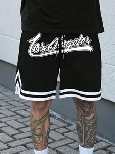 Men's Summer Casual Loose Fit Athletic Shorts, Los Angeles Letter Print Trendy Shorts, Suitable for Sports, Gym, Daily Wear, Breathable and Versatile