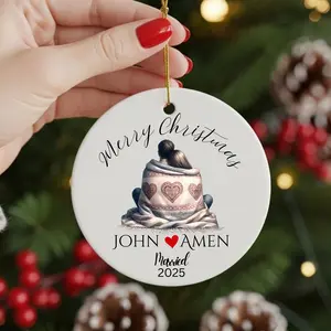 Couple's Christmas Ornament Personalized Ceramic Keepsake with Cuddling Couple Under a Blanket Custom Names John & Amen Married 2025 Gift for Wedding Decor Decoration 1 Side