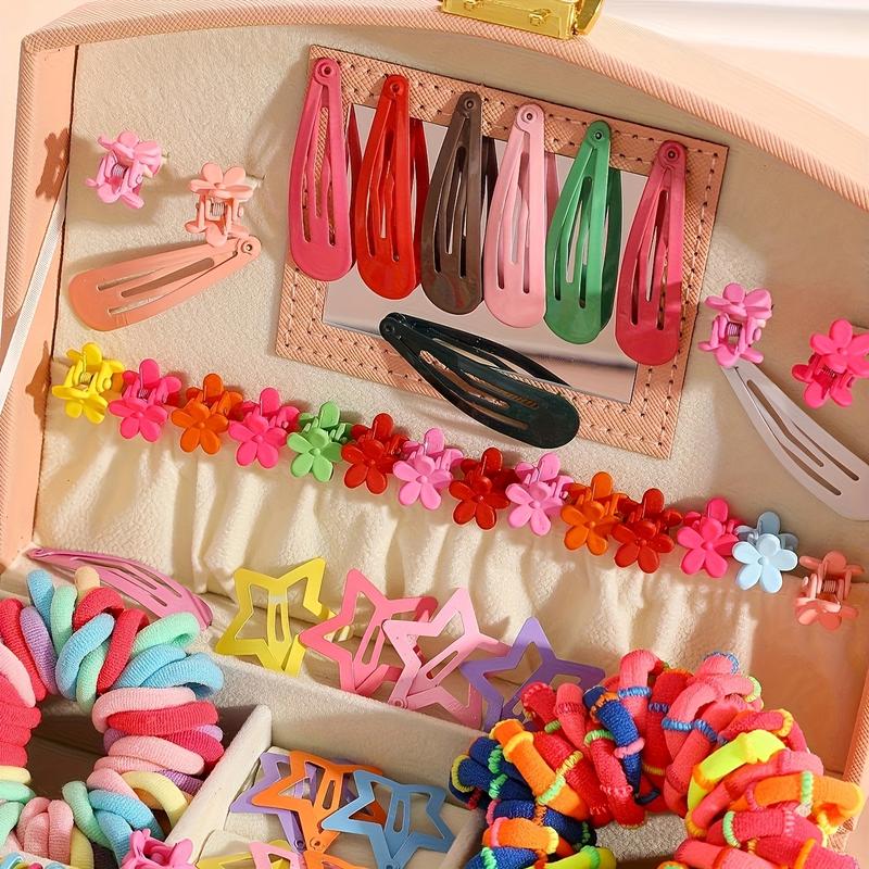 1340pcs（NO BOX） Dopamine Minimalist & Stylish Elastic Colored Hair Band & Clip Set for Girls Includes Water Drop Star Flower Clips And Hair Bands Integrated with Rubber Bands Suitable for All Four Seasons Random Colors Excellent Gift Choice