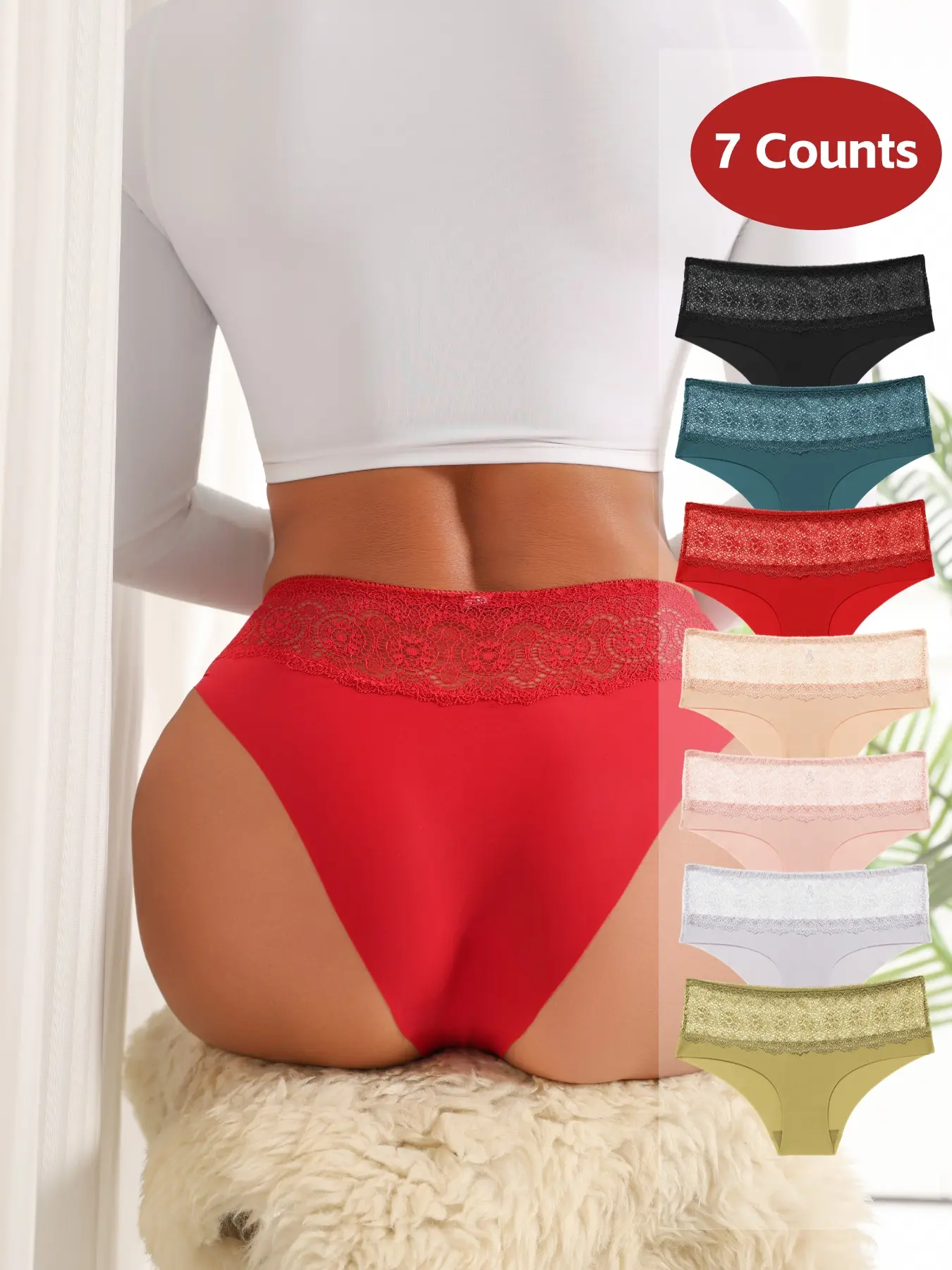 Women's Lace Waist Hollow Out Panties, Ice Silk Seamless Comfortable Breathable Underwear, 7-Pack Fashion Lingerie for All Seasons