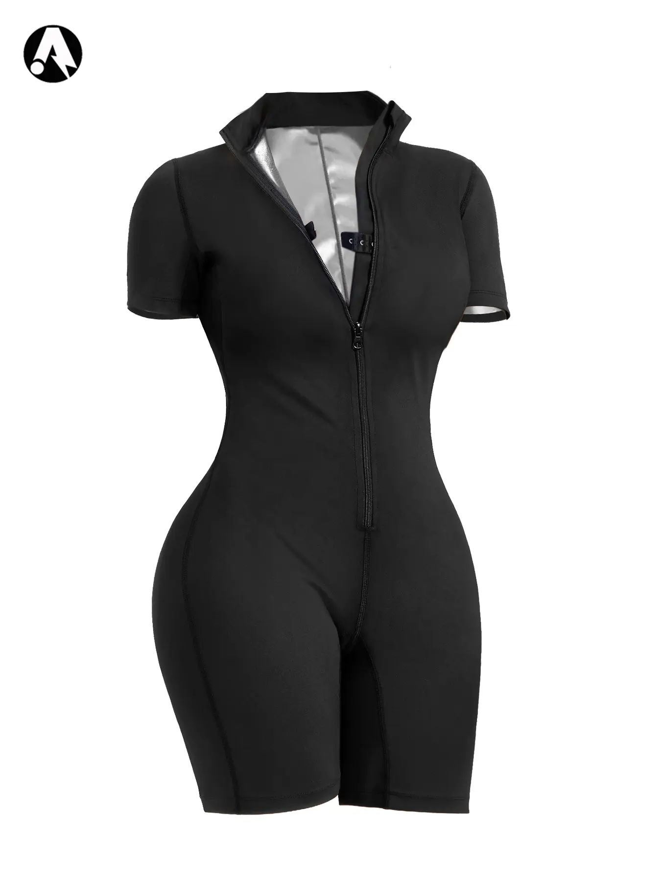 Women's One-Piece Sauna Sports Jumpsuit, Zip-Up Yoga Romper, Tight-Fit Above-Knee Sporty Style, Short Sleeve Summer, Workout Jumpsuit