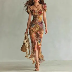 Summer Party Vacation Wear Boho V Neck Fitted Waist Dress