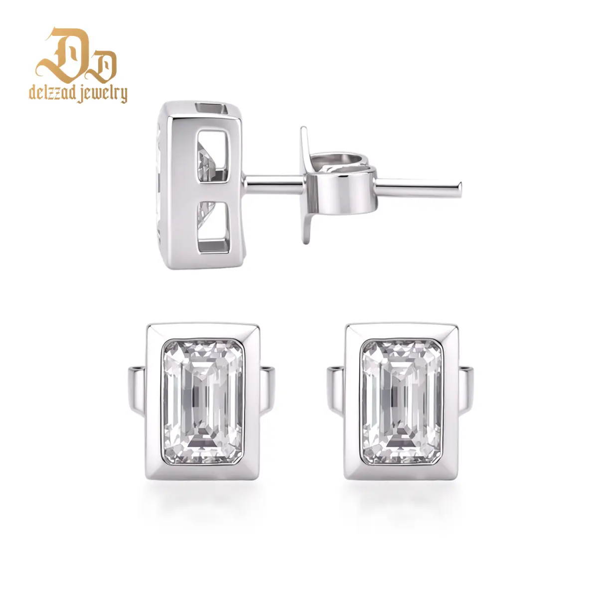 Delzzad 14K Gold-Plated Eternal Prism Stud Earrings Ice Cube Romance Earrings Bezel Stud Earrings Step Cut VVS Synthetic Moissanite Earrings Jewelry Copper Studs Perfect Birthday Engagement Wedding Anniversary Christmas Valentine's Day Mother’s Day Gifts