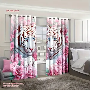 Dreamy Rose Tiger Print Curtains, Semi-Transparent Fabric, Modern Window Decor for Bedroom, Living Room, Kitchen, Cafe, Study