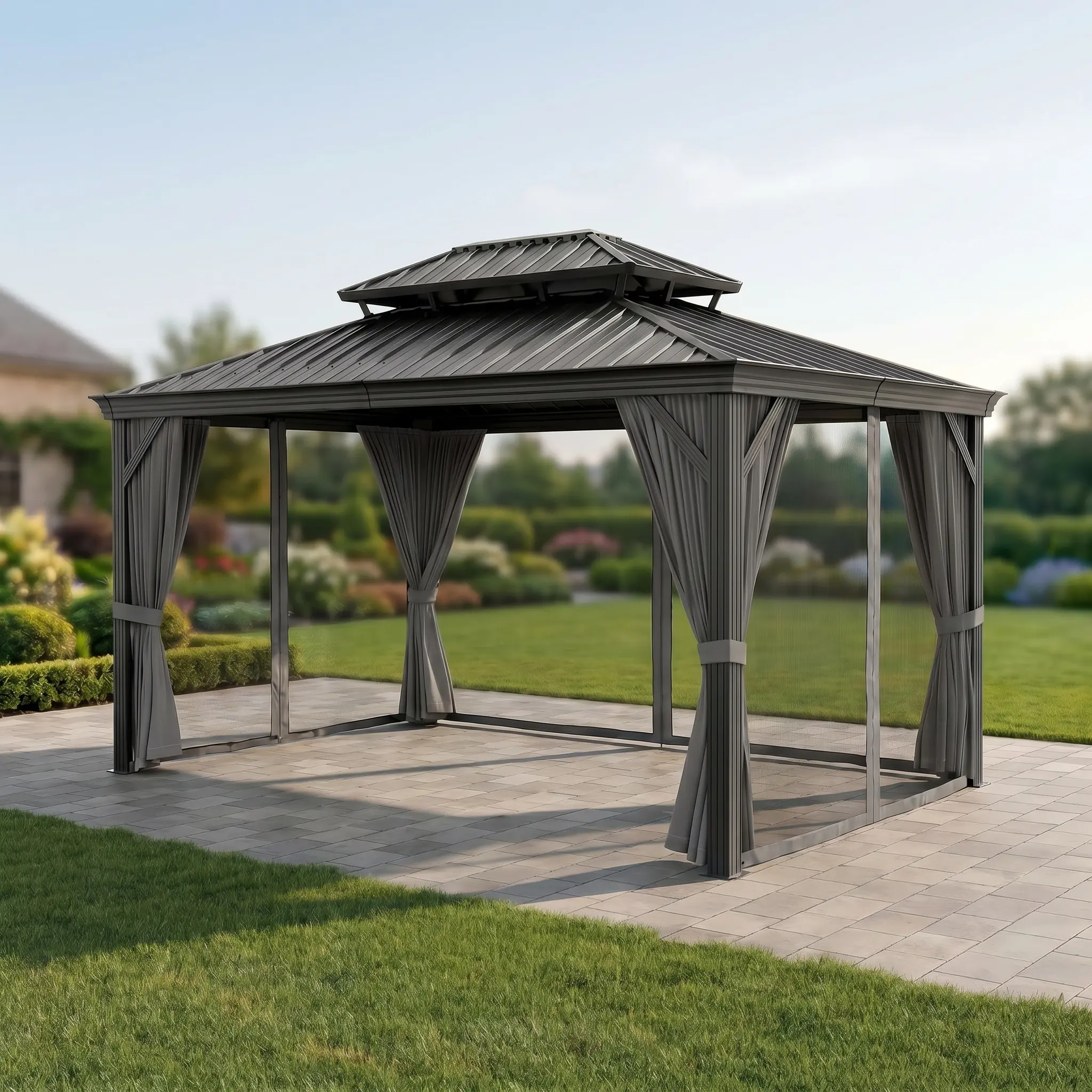 YJ-Garvee 16'x12' Hardtop Gazebo, Heavy Duty Aluminum Permanent Hardtop Gazebo Outdoor Pavilion with Curtains and Netting for Garden (Gray, 16'x12')