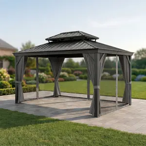 YJ-Garvee 16'x12' Hardtop Gazebo, Heavy Duty Aluminum Permanent Hardtop Gazebo Outdoor Pavilion with Curtains and Netting for Garden (Gray, 16'x12')