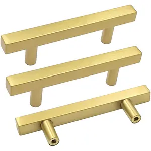 10 Pack Gold Cabinet Handles 3"(76mm) Brushed Brass T Bar Cabinet Pulls Drawer Pulls for Kitchen Cupboard & Drawer Hardware