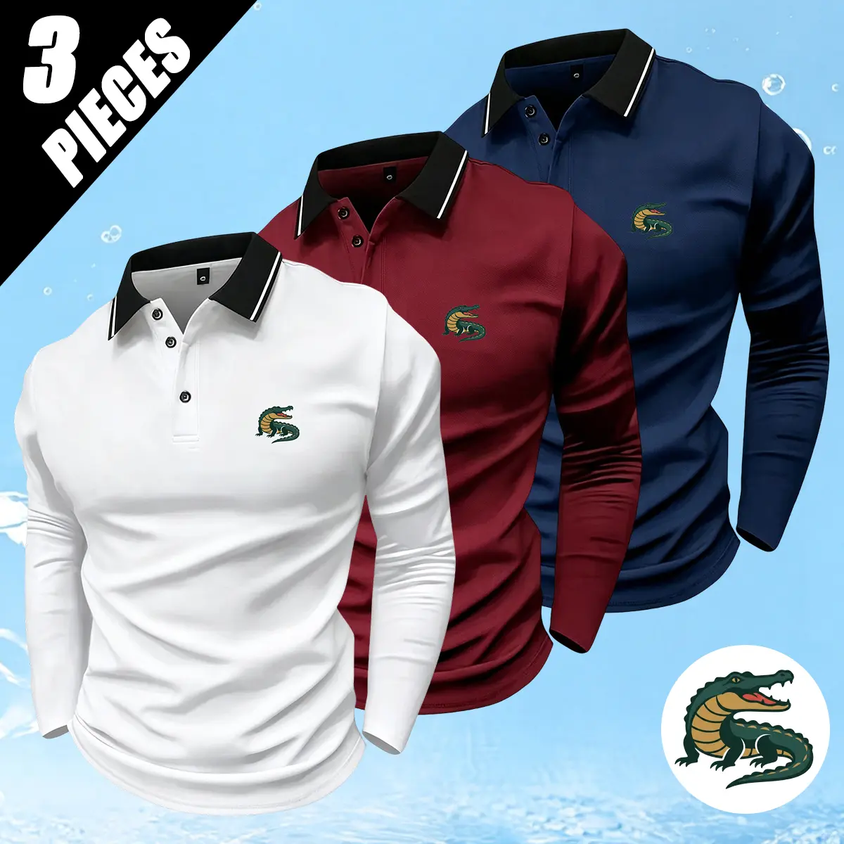 Men’s solid-color casual polo shirt, pack of three. Features an alligator print, fashionable and trendy, loose fit, comfortable, breathable, and moisture-wicking—suitable for all seasons. Ideal for office, home, work, outings, leisure, and everyday activi