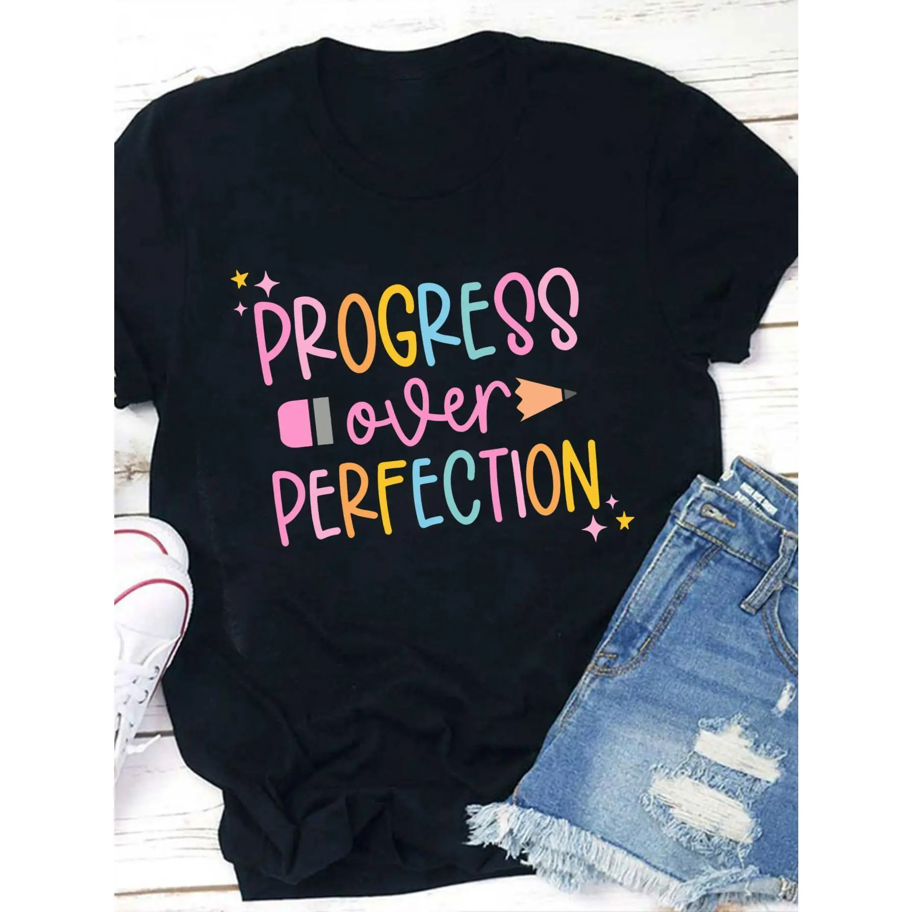 Progress Over Perfection Women's Casual TShirt Colorful Lettering & Stars Design Loose Fit Short Sleeve Round Neck Tee Inspirational Teacher Shirt for Back to Teacher Appreciation Gift Spring Summer Fall Comfort