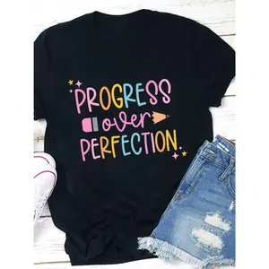 Progress Over Perfection Women's Casual TShirt Colorful Lettering & Stars Design Loose Fit Short Sleeve Round Neck Tee Inspirational Teacher Shirt for Back to Teacher Appreciation Gift Spring Summer Fall Comfort
